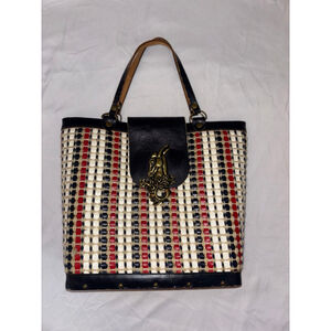 RARE Vintage Western Colins Texas Woven Leather Brass Deer Emblem Shoulder Bag